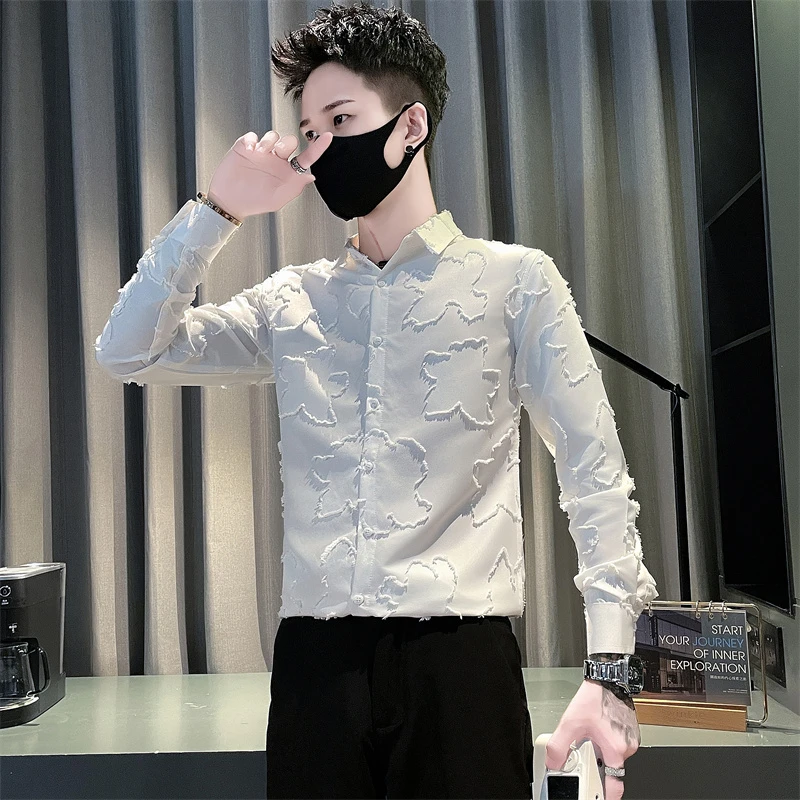 高级感提花长袖衬衫男春秋季潮牌男装白色衬衣2024新款痞帅上衣服