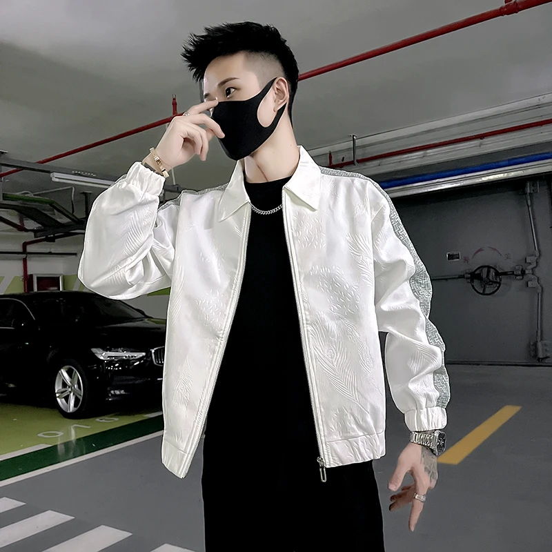 男士外套春秋季痞帅高级感短款上衣2024新款翻领夹克白色修身褂子