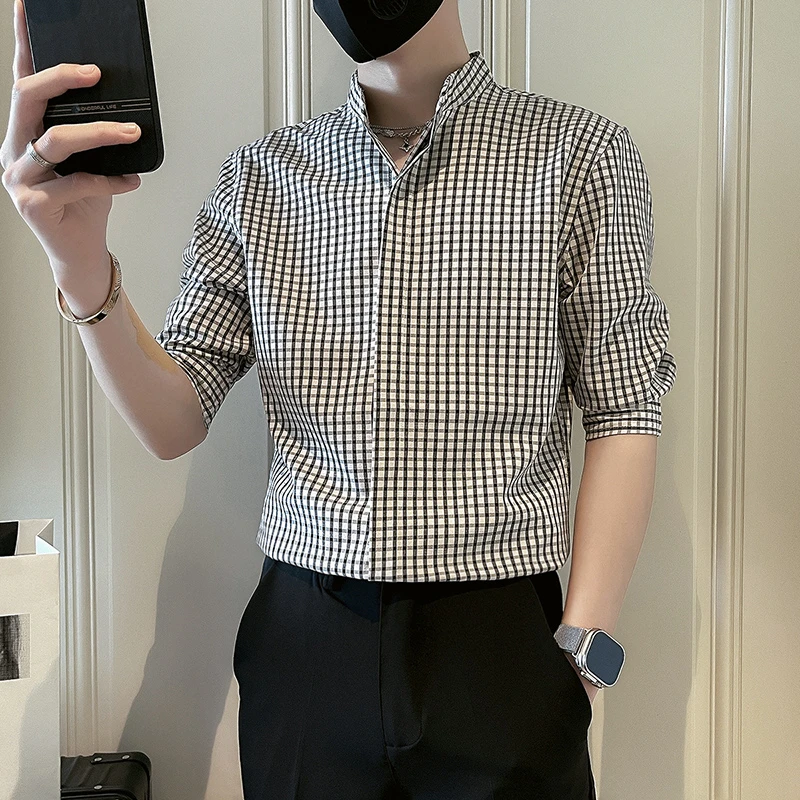 新中式格子衬衫男短袖夏季潮牌痞帅中袖衬衣2024新款男士半袖上衣