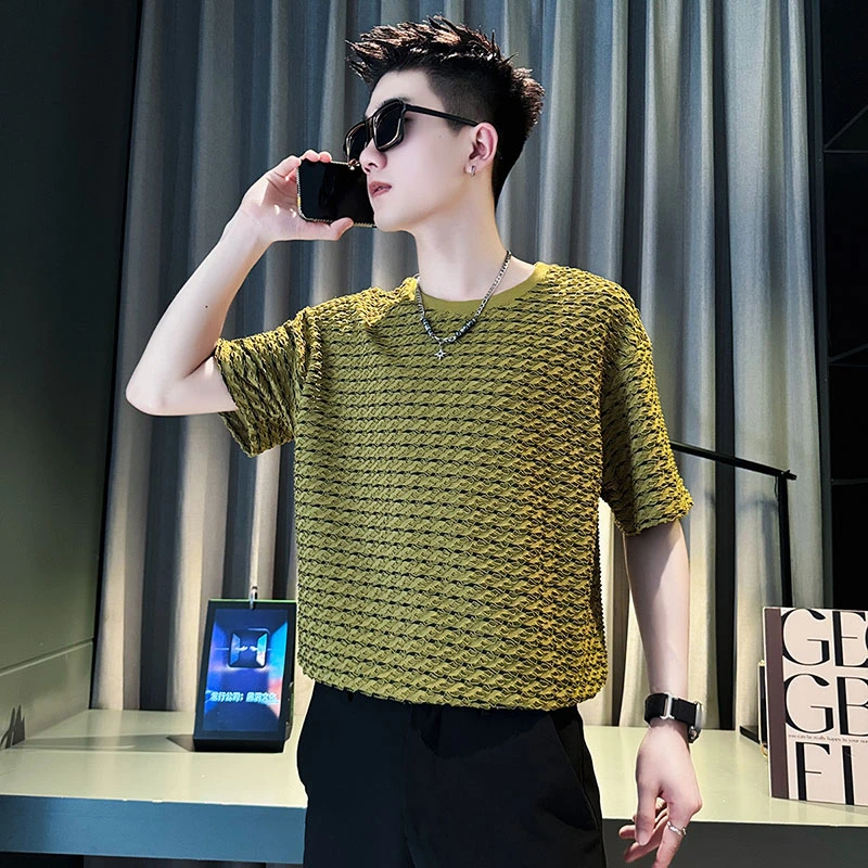 男士短袖t恤夏季2024新款男装高级感痞帅条纹半袖上衣薄款体恤衫