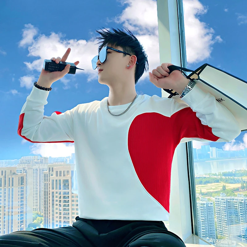 男士卫衣春秋季潮牌男装高级感拼接撞色打底衫2025新款圆领上衣服