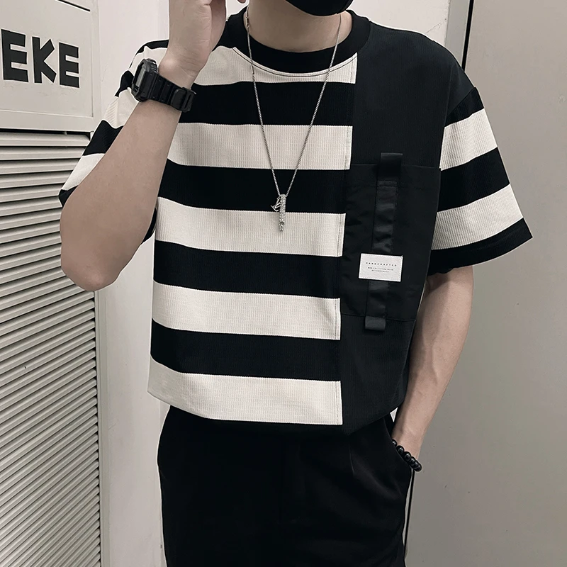 设计感拼接条纹t恤男ins潮牌夏季短袖2024新款男装上衣高级感半袖