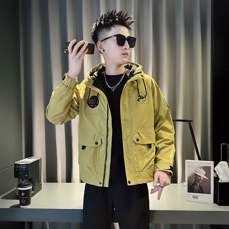 工装连帽外套男士春秋季潮牌男装高级感短款夹克2024新款秋装上衣