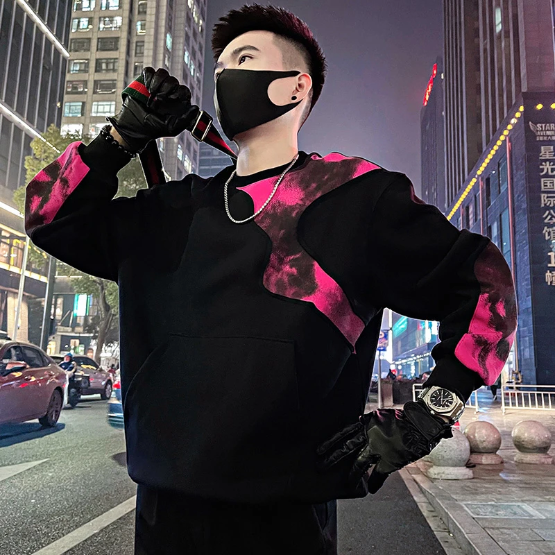 潮流拼接撞色卫衣男士春秋季长袖t恤圆领套头衫2025新款休闲上衣