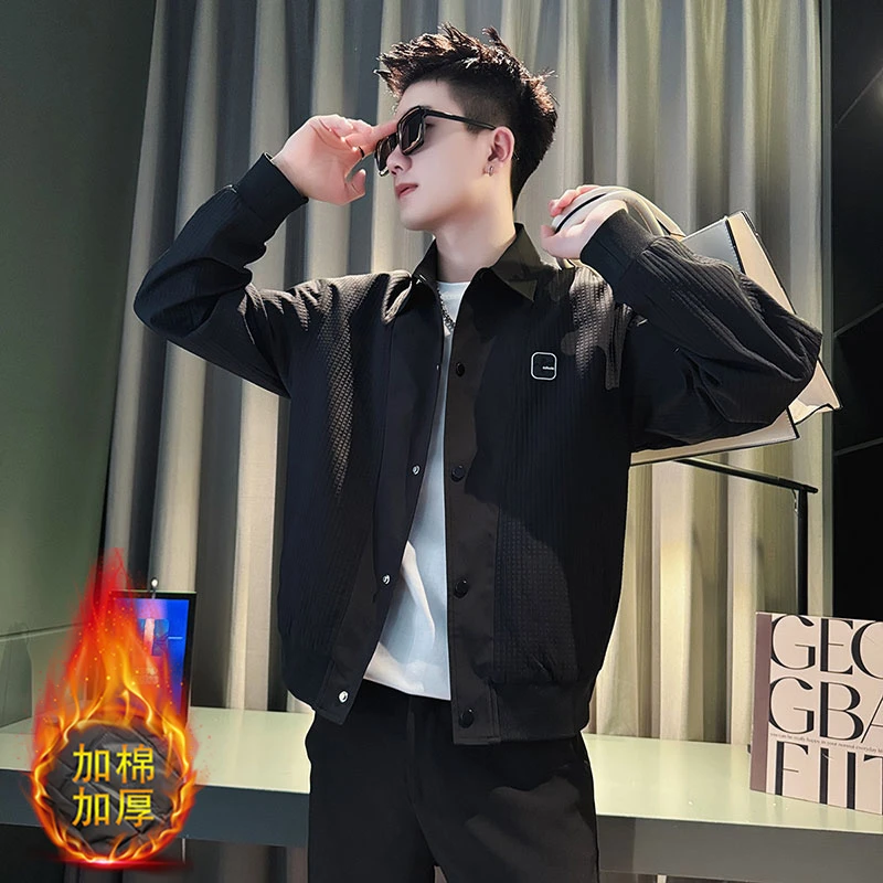 高级感拼接加棉夹克男士秋冬季潮牌痞帅短款上衣2024新款男装外套