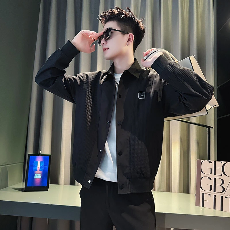 高级感拼接翻领夹克男士春秋季潮牌痞帅短款上衣2025新款男装外套