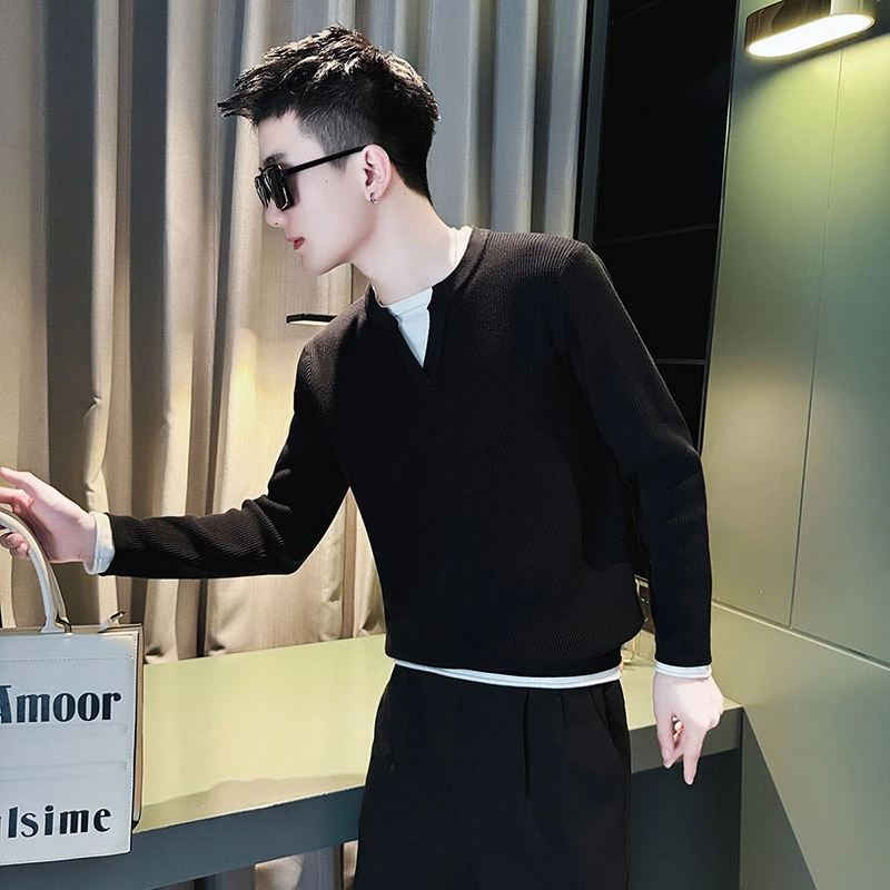 拼接假两件毛衣男款冬季爆款2024新款长袖内搭线衣圆领针织打底衫