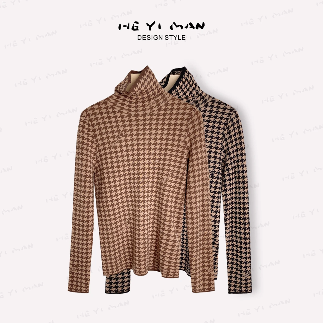 【何以慢】100%水溶羊毛166g千鸟格高领内搭打底针织衫A4-A3813