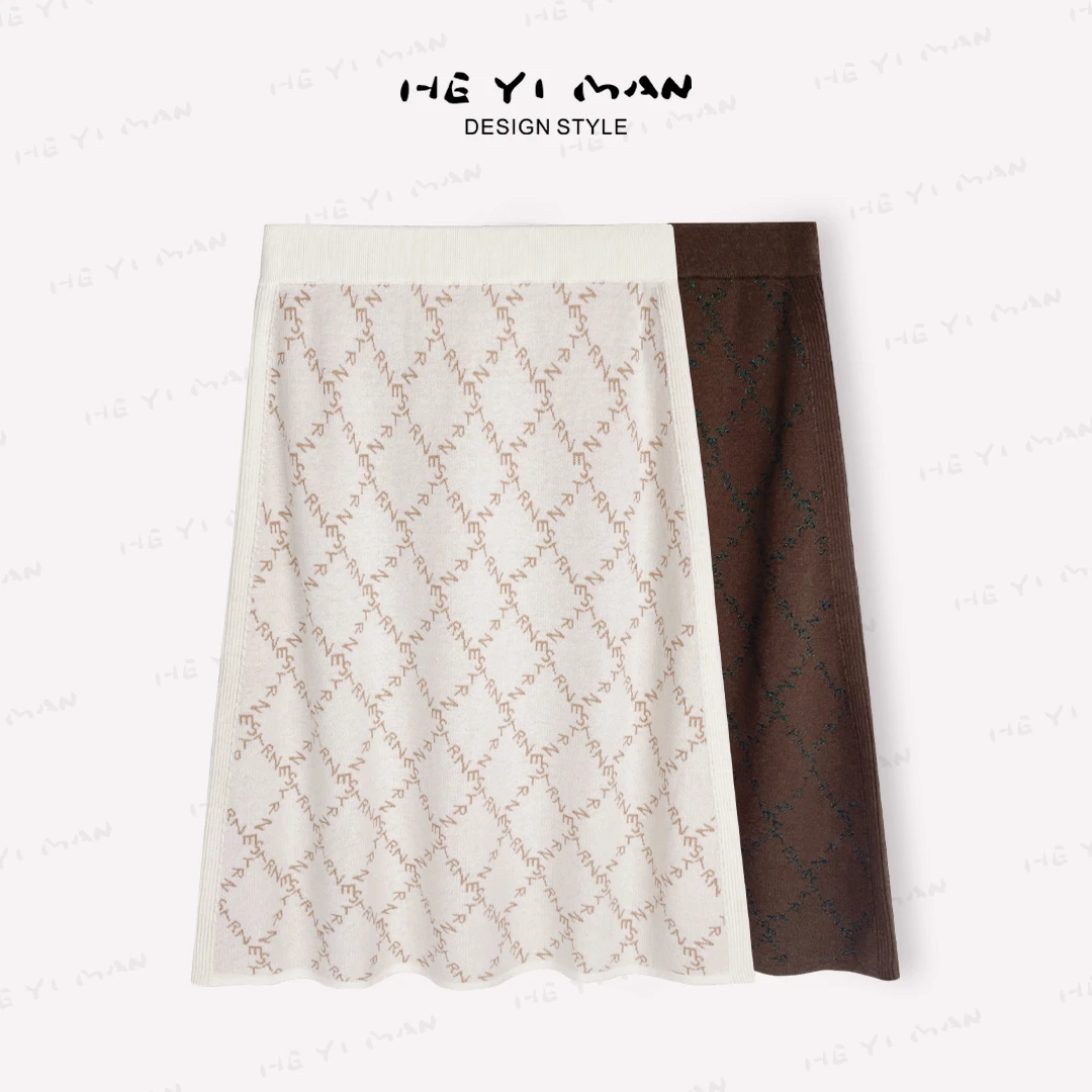 【何以慢】绵羊毛秋季字母提花A字松紧腰针织半身裙B4-A3216