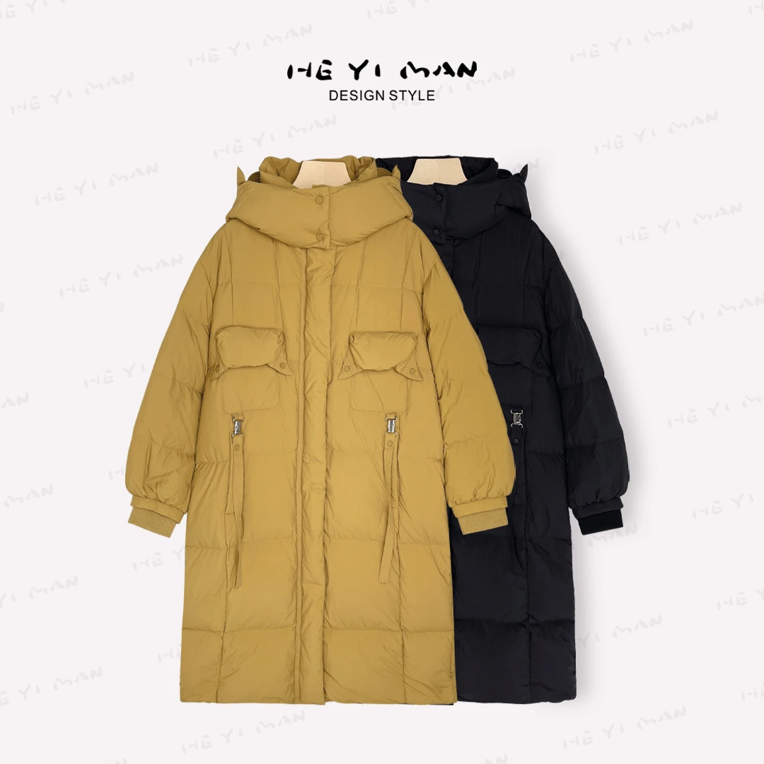 【何以慢】90白鸭绒冬季保暖连帽防风抽绳羽绒服A8-A3249简约