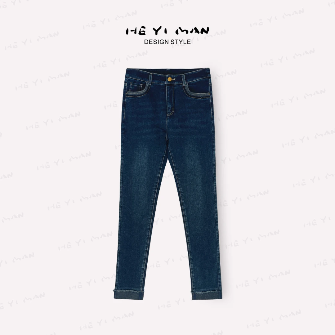 【何以慢】冬季加绒加厚保暖显瘦翻边小脚直筒牛仔裤C4-A3671