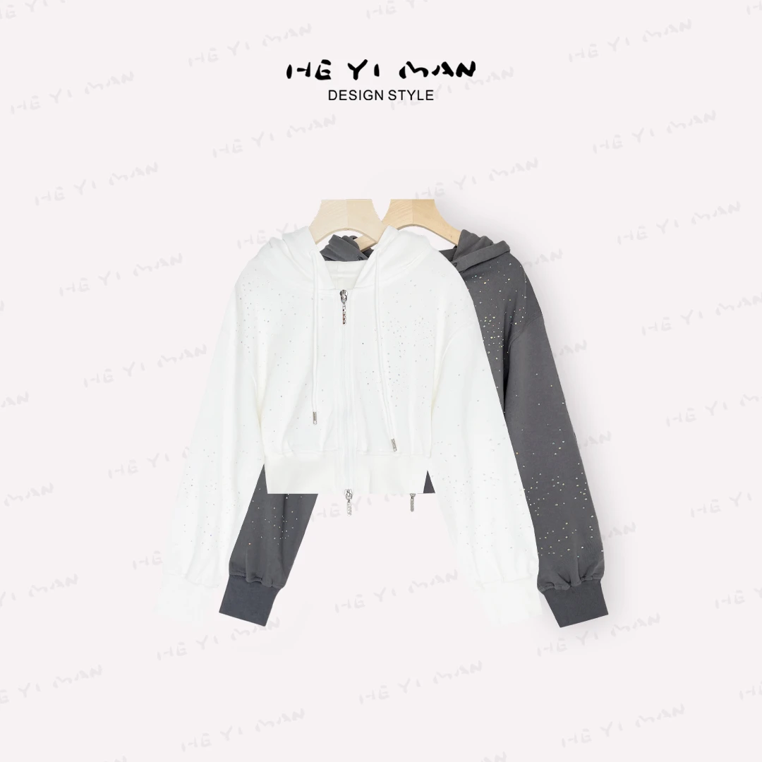 【何以慢】春秋纯棉时尚显瘦显高镶钻连帽抽绳外套A7-A4658