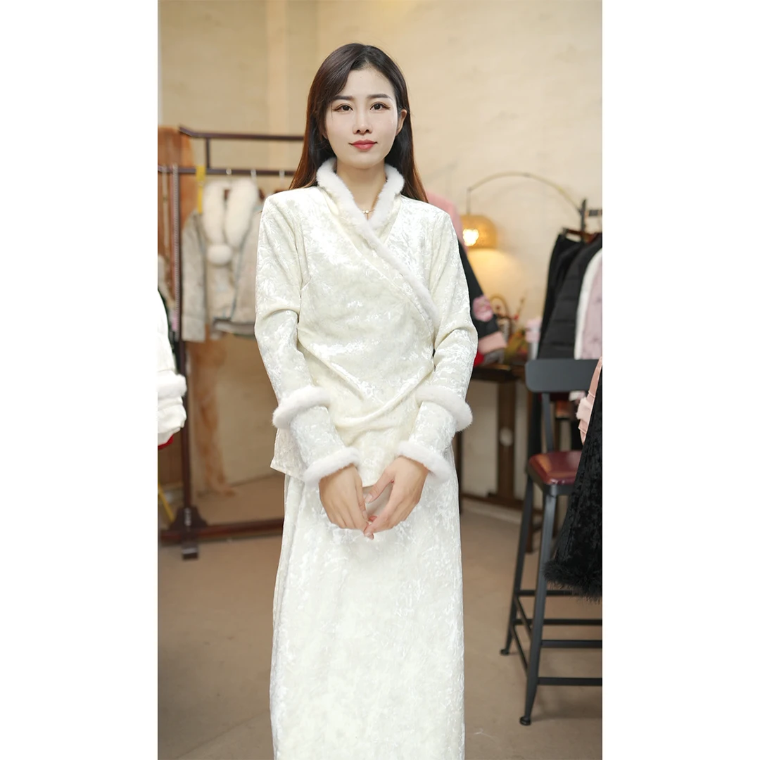 【雪卿】冬季国风加绒毛毛拼接V领上衣女百搭显瘦M新中式复古小衫