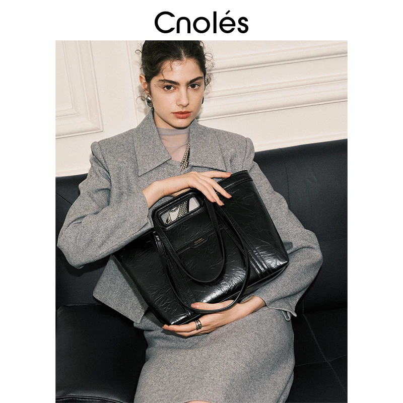 【张天爱同款】Cnoles蔻一墨澜托特包新款大容量黑色手提单肩包包