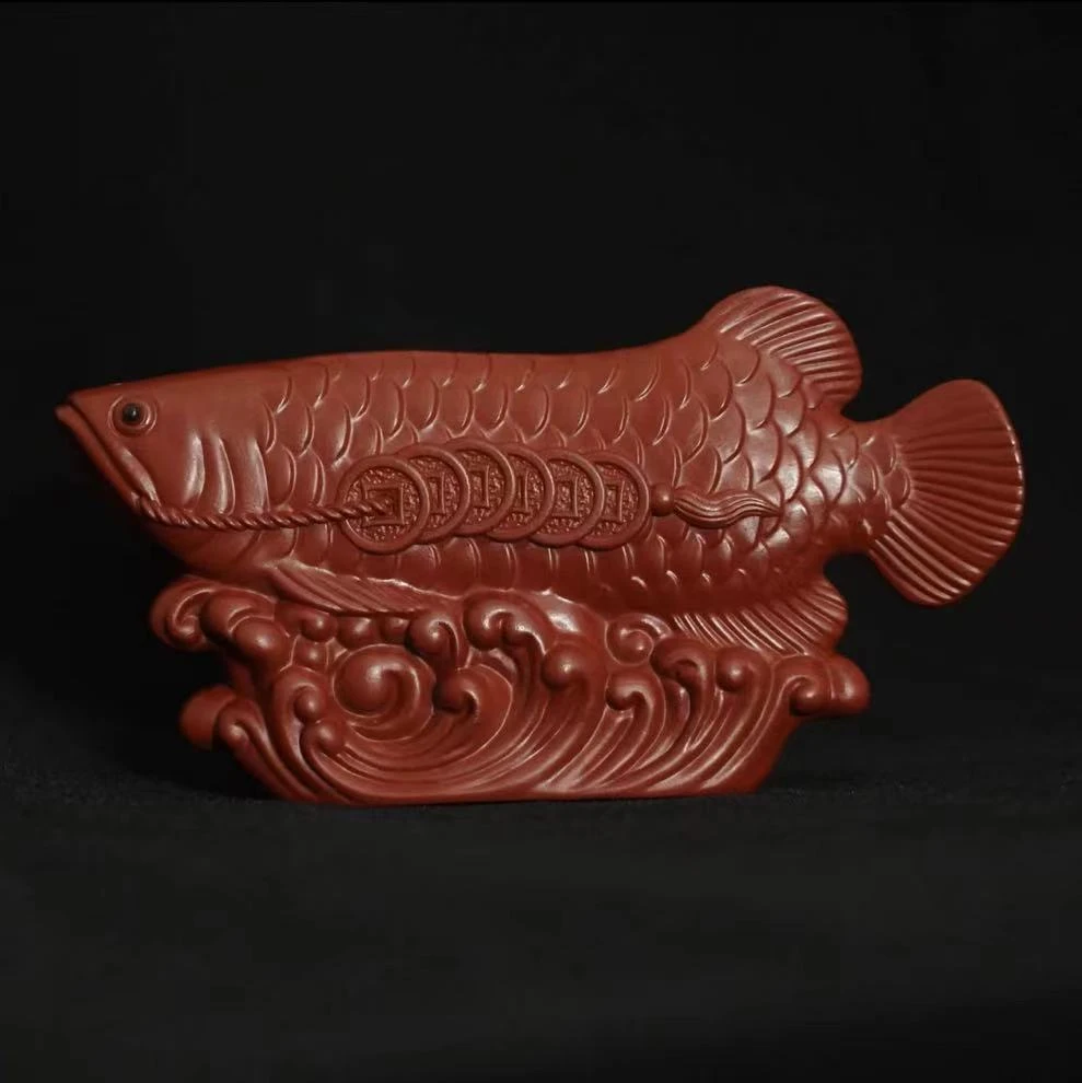 宜兴原矿朱泥大红袍紫砂鱼跃龙门茶宠茶玩茶道摆件