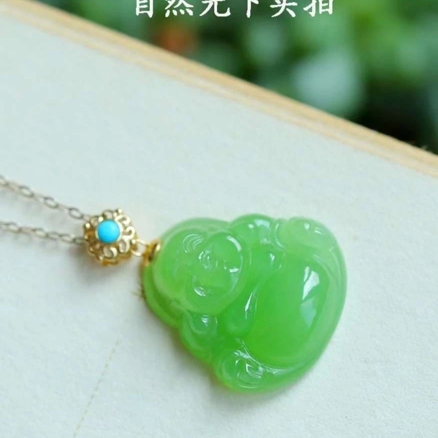 18k重金精镶纯天然碧玉佛公吊坠 苹果绿 精品俄罗斯老料镶嵌冰绿