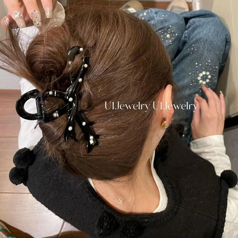 芭蕾少女~黑白波点蝴蝶结抓夹甜美百搭鲨鱼夹高级感盘发夹子发爪