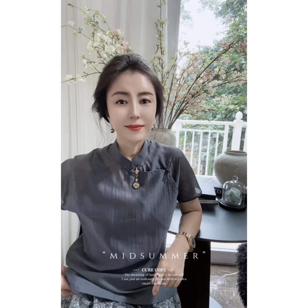 VV&AA 如诗如画  夏季高端复古新中式小立领盘扣宽松衬衫  D25059