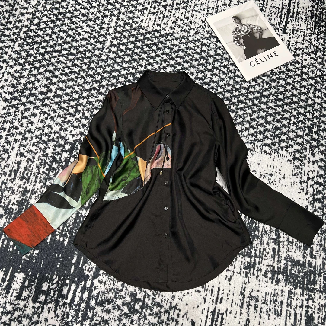 VV&AA时尚气质小盘扣复古印花真丝衬衫R42