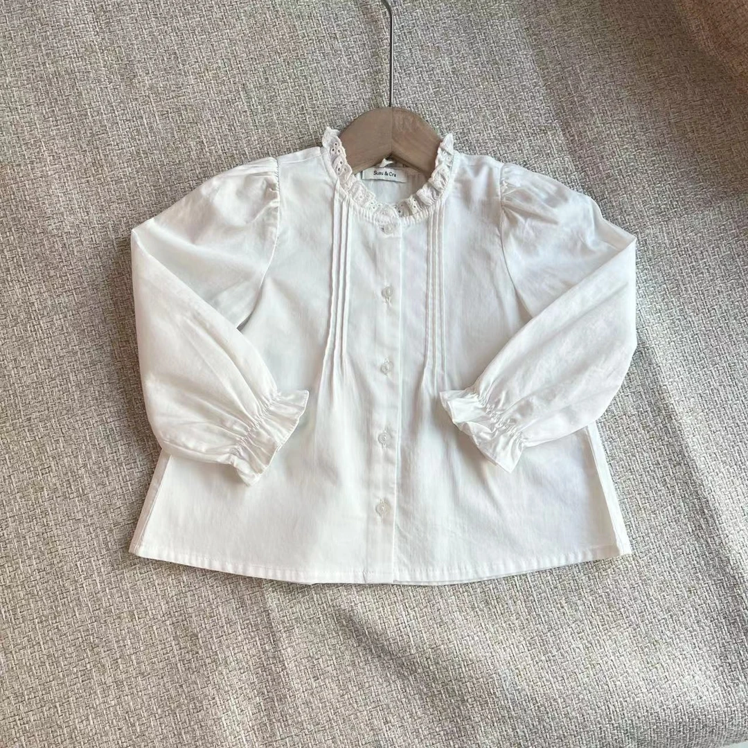 韩国新款童装 春秋女童长袖纯色时尚花边立领衬衫