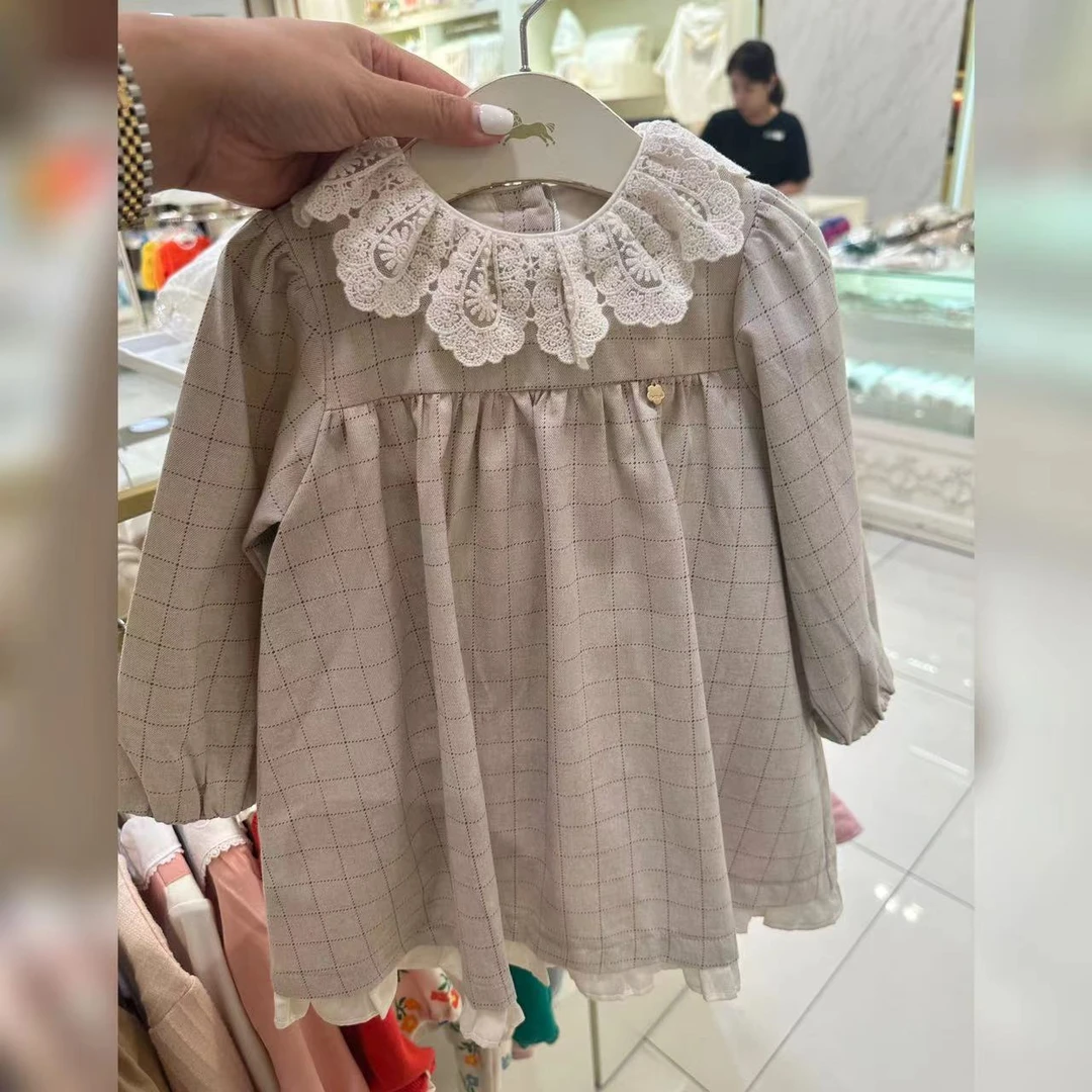 出口韩单 秋季新款女童长袖连衣裙宝宝蕾丝领格子图案连衣裙套装