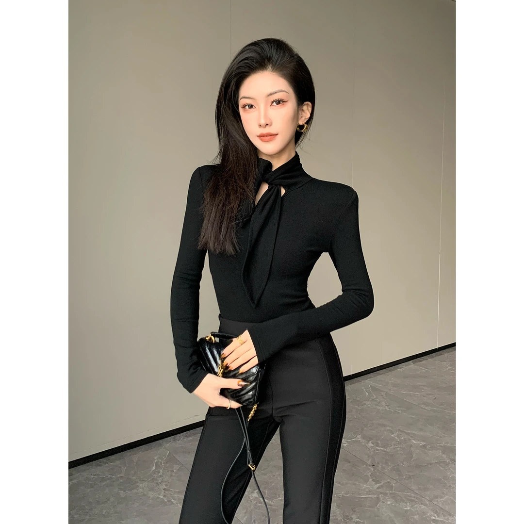 YAS 显瘦气质修身秋冬打底上衣高级感飘带设计长袖JC10SZHM007