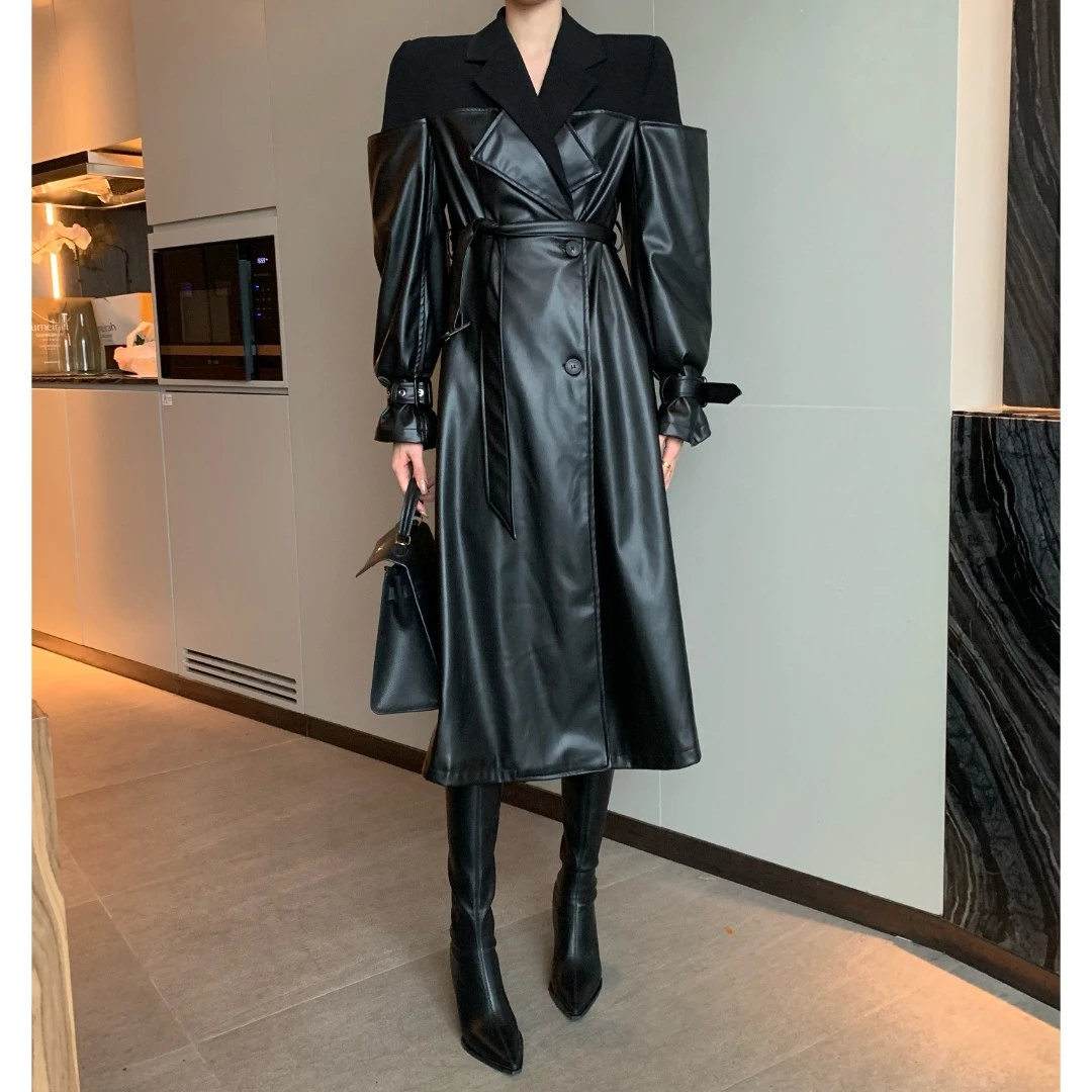 YAS 秋冬小众设计感拼接长款皮外套 JINQA1023