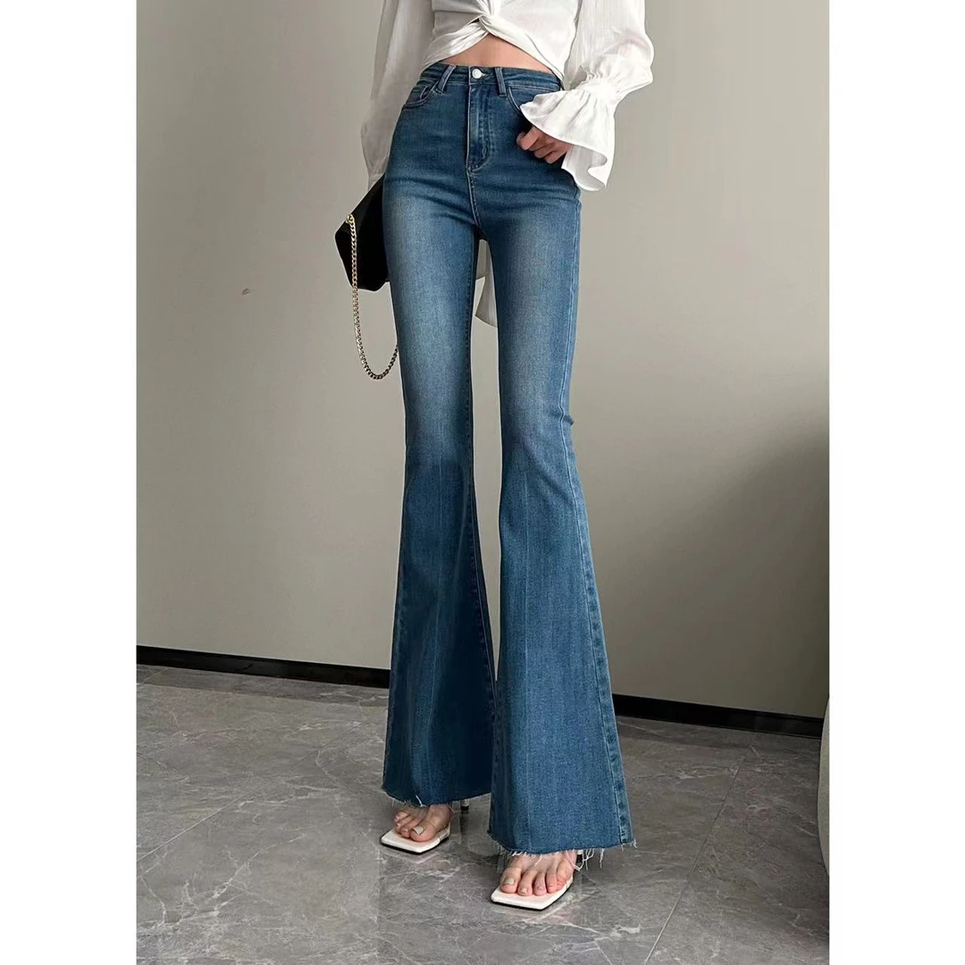 YAS 蓝色春秋修身牛仔裤高腰洋气时髦显瘦牛仔微喇叭裤JINQB0730