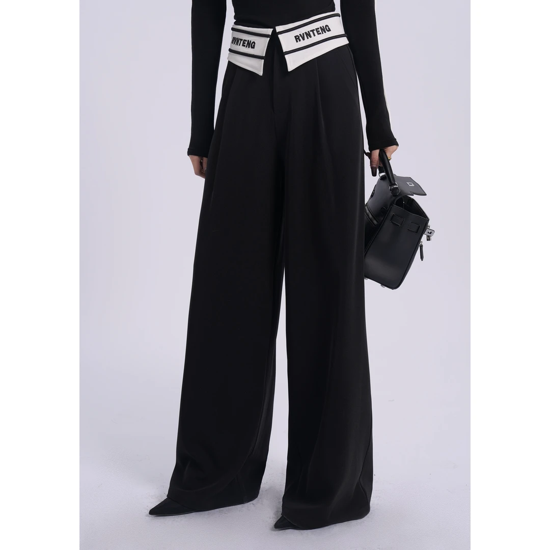 YAS 秋冬黑色修身阔腿裤翻边高腰显瘦垂感拖地休闲裤 JINQB1132