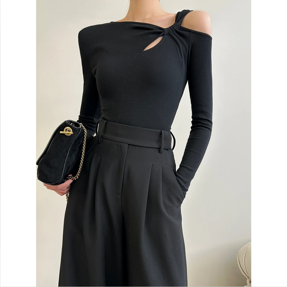 YAS 秋冬露肩性感上衣不规则修身毛针织衫显瘦长袖 JINQBSP0915