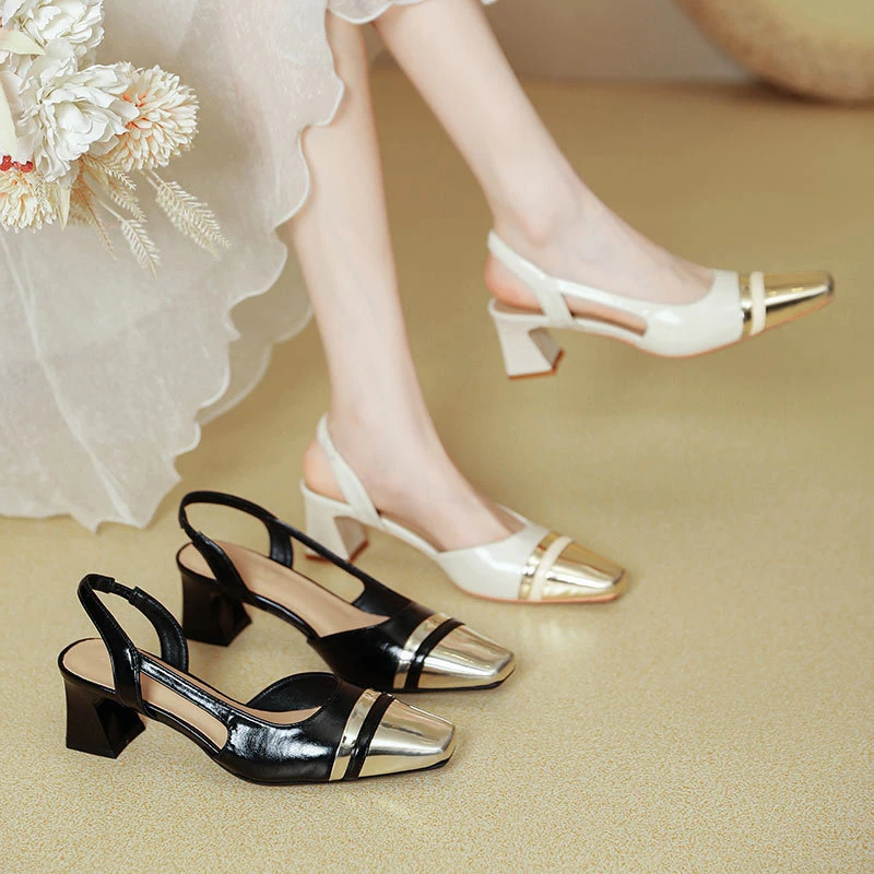 2025新款法式复古拼接中跟后空方头单鞋夏季粗跟包头凉鞋女百搭