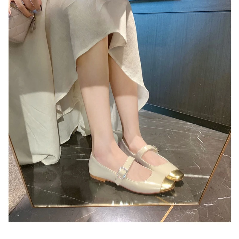 2025新款百搭方圆头纹理感一字带中粗跟单鞋钻扣玛丽珍鞋女真皮