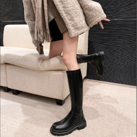 2024新款时尚转角巴黎时尚加绒厚底短靴中高筒靴女冬骑士靴长靴子