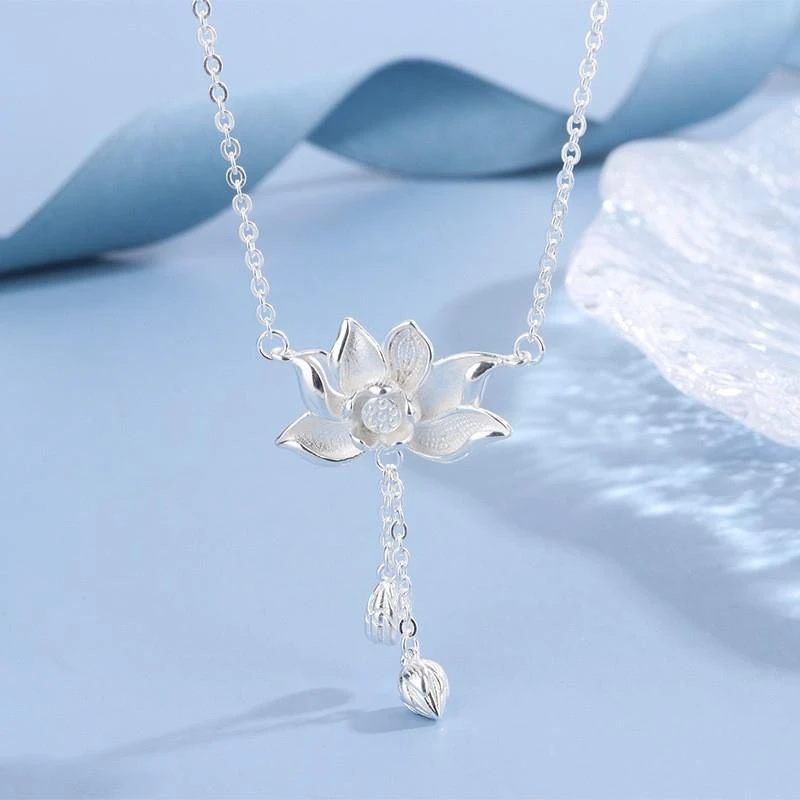 坠链均足银 S990足银莲花流苏项链女七夕送女友礼物
