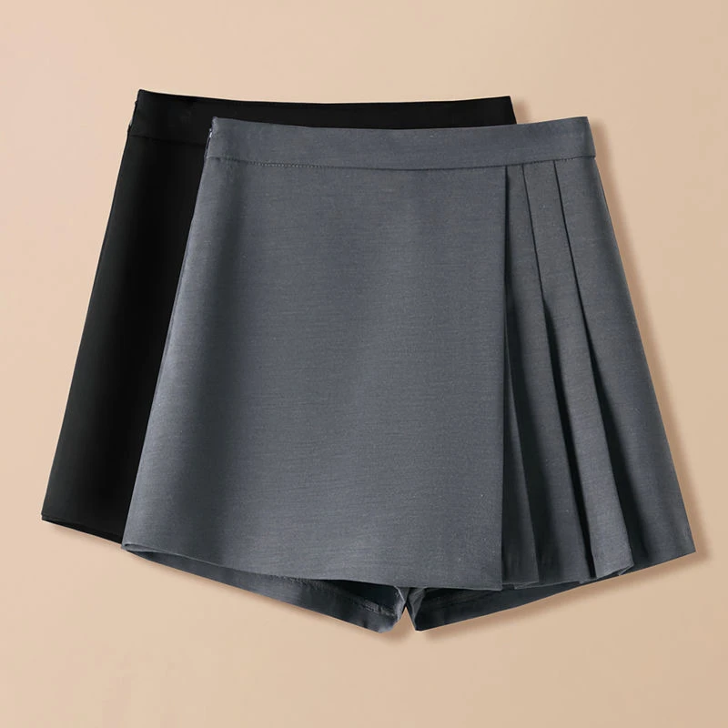 灰色西装裙裤女短裤2025春夏外穿高腰气质百褶裙不规则休闲a字裙