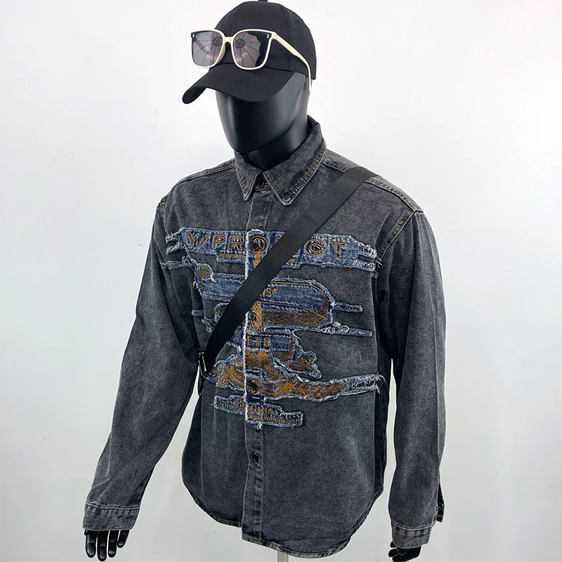 贴布刺绣牛仔夹克外套水洗破坏长袖衬衫秋冬潮牌美式牛仔衬衫男女