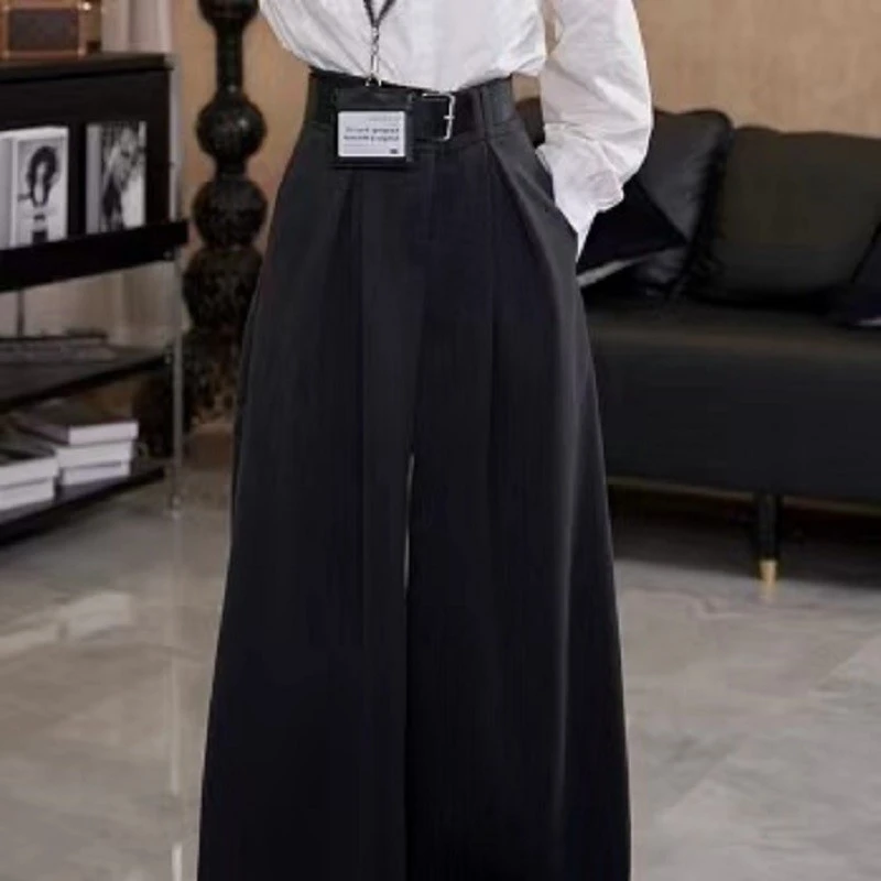 秋冬新款毛呢加厚捏褶带腰带百搭裤 816