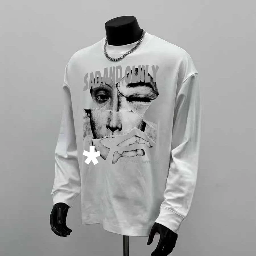 100%纯棉260克重磅美式复古嘻哈人脸T恤印花宽松个性圆领长袖潮流