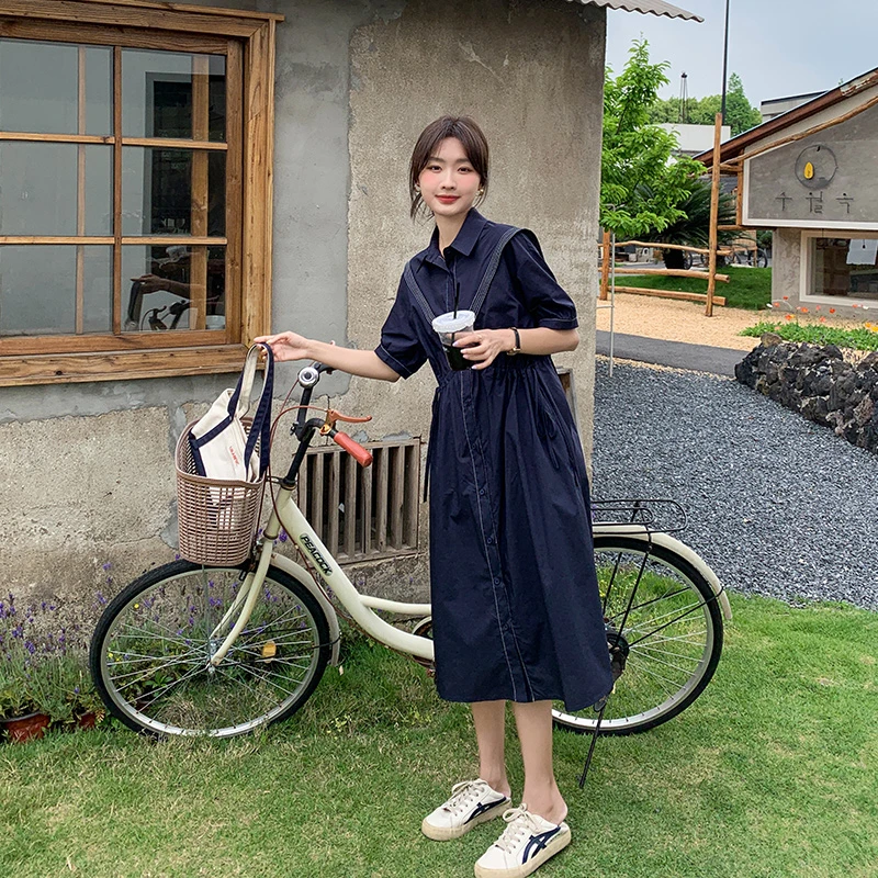 藏青色连衣裙女2025夏季爆款气质休闲轻熟风收腰显瘦宽松衬衫裙子