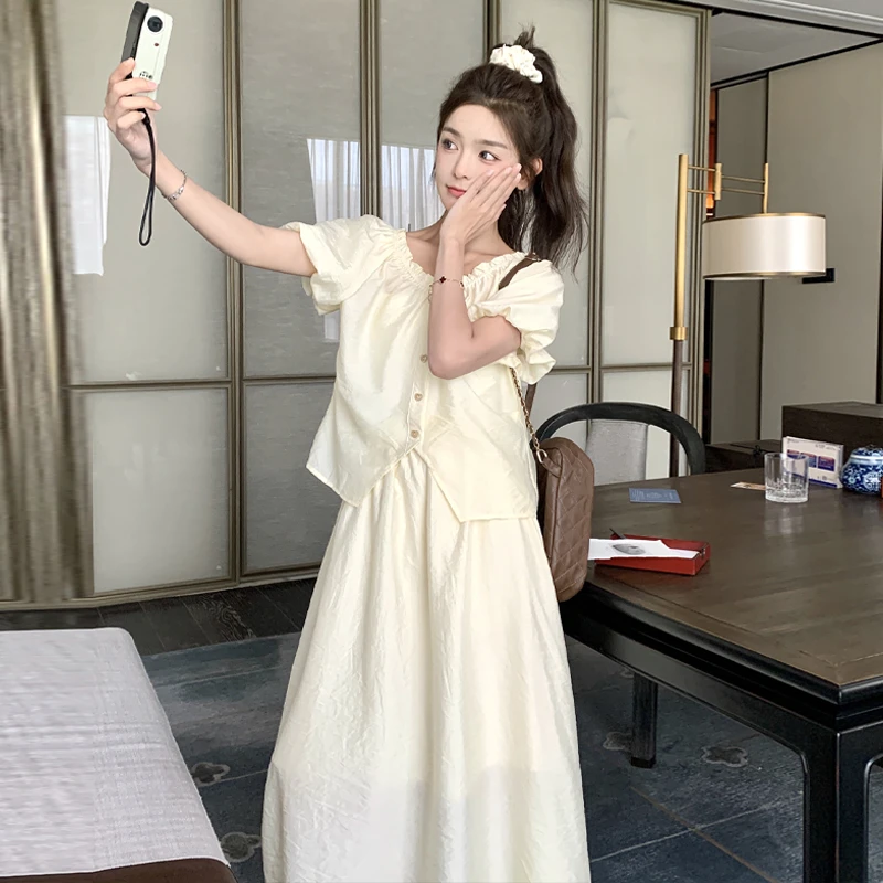 泡泡袖连衣裙上衣今年套装裙女2025夏季新款气质显瘦半身裙两件套