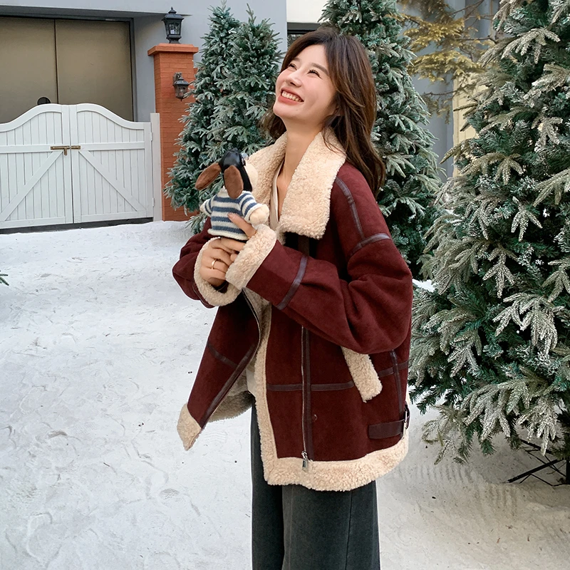 安可拉红色羊羔毛皮毛一体外套冬季新款爆款百搭韩系加绒加厚棉服