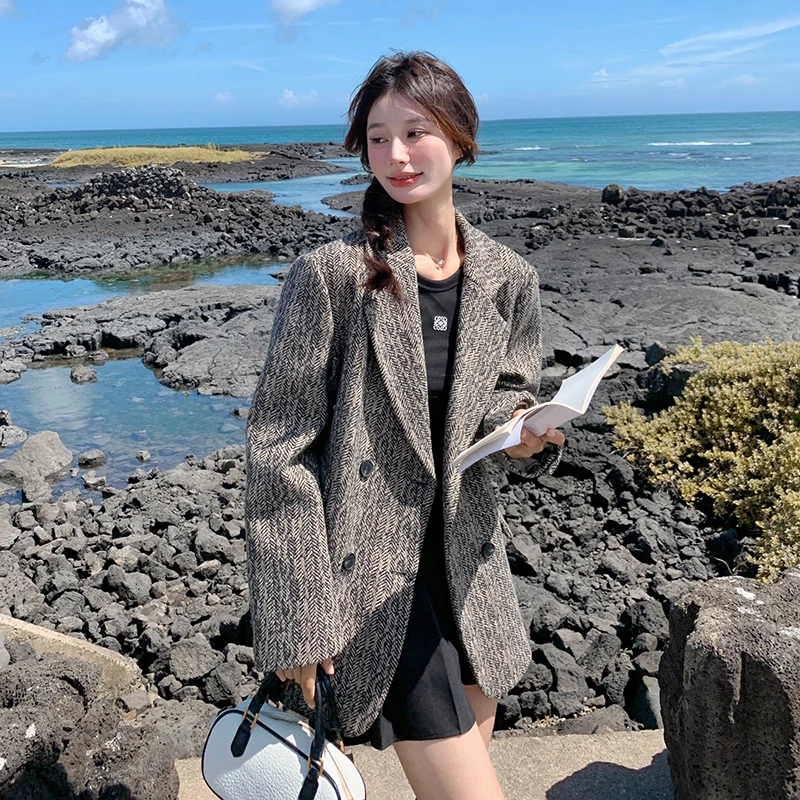 法式西装毛呢外套女春秋新款时尚韩系宽松高级感千金洋气呢子大衣