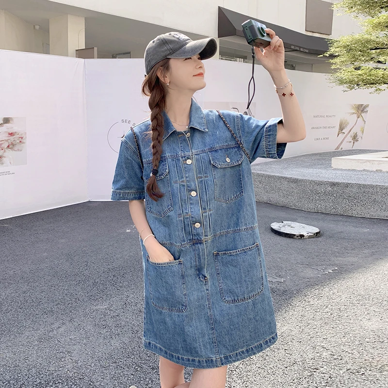短袖牛仔连衣裙女2025夏季新款港风复古宽松休闲小个子直筒裙子
