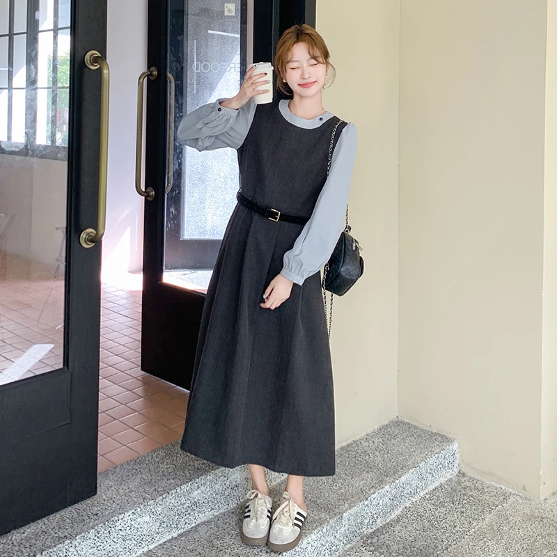 韩系减龄撞色连衣裙女2025秋季新款法式高级感通勤气质早秋穿搭