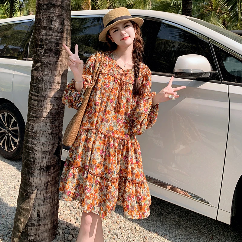 碎花连衣裙女2025春秋新款气质宽松显瘦小清新洋气长袖桔梗裙