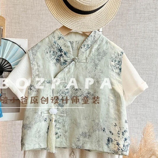 现货【小山竹意】新中式新款男宝夏款儿童女宝竹绘古风假两件上衣