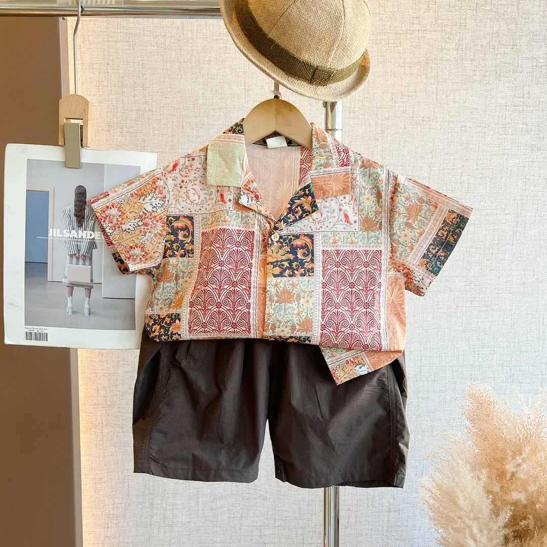 现货【热情桑巴】韩版男童洋气儿童时尚夏款老花拼接短袖衬衫套装