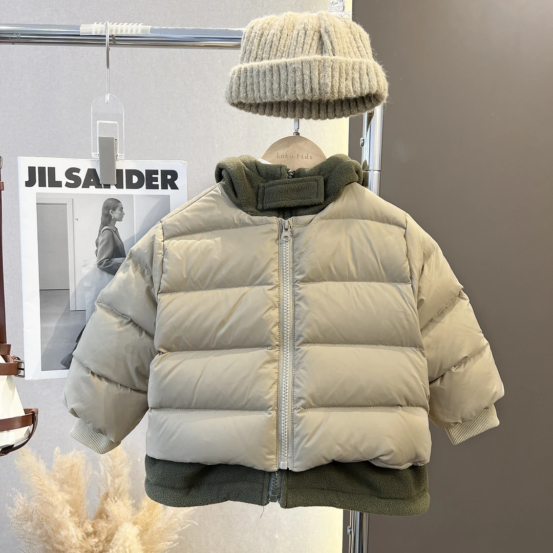 现货【北方之部】设计款冬季韩版男宝连帽魔术贴百搭洋气拼接羽绒服