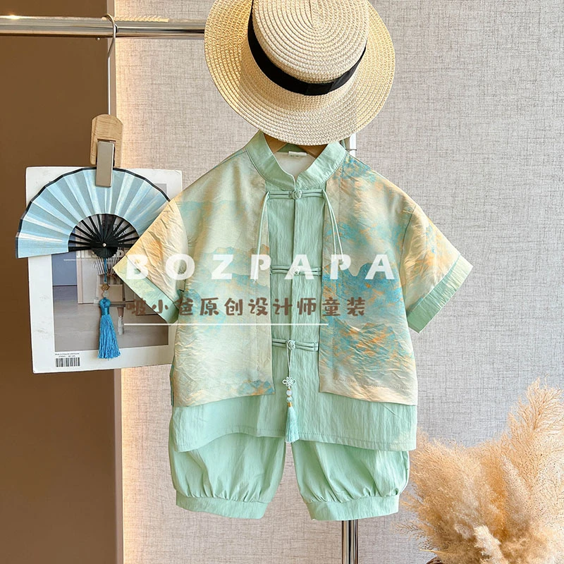 现货【山海之歌】2024夏季新款国潮男宝新中式假两件褶皱套装