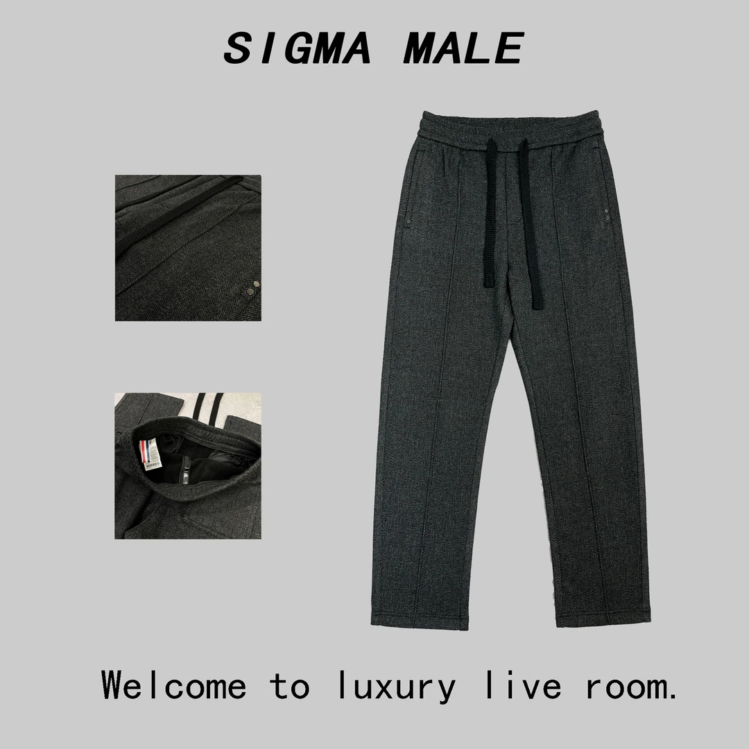 秋冬季高端羊毛混纺男士休闲裤人字纹宽松潮流时尚加绒直筒裤子